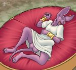  2018 anthro balls beerus big_balls big_bulge bulge clothed clothing dragon_ball dragon_ball_super eyes_closed feline freckles_(artist) lying male mammal no_underwear on_back open_mouth penis_outline sleeping snot_bubble solo 