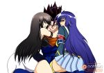  2girls ahoge arm_around_neck armband ass black_eyes black_hair blue_hair breasts brown_eyes crossover dougi dragon_ball dragon_ball_super dragon_ball_z earrings fusion girl_on_top grin hetero jewelry karate_gi kawakami_momoyo kurokami_medaka large_breasts long_hair maji_de_watashi_ni_koi_shinasai! medaka_box multiple_crossover multiple_girls orange_shirt patreon_logo potara_earrings saiyan school_uniform shirt sitting sitting_on_lap sitting_on_person skirt smile source_request spiked_hair thick_thighs thighs vegetto white_background 