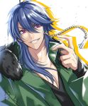  arisugawa_dice blue_hair fur_trim grin hypnosis_mic jacket long_sleeves looking_to_the_side male_focus purple_eyes shadow signature smile solo suzuka_nene tassel upper_body 