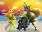  2018 anthro beach big_breasts blues64 breasts changeling clothing crossgender digital_media_(artwork) female friendship_is_magic group hair hands_behind_head hi_res hole_(anatomy) horn huge_breasts hyper hyper_breasts looking_at_viewer marauder6272 my_little_pony outside queen_chrysalis_(mlp) seaside sinyxstra thorax_(mlp) wings 