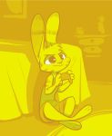  2018 anthro barefoot clothed clothing controller crossed_legs disney dresser ear_markings facial_markings fuel_(artist) fur_markings game_controller gaming head_tuft holding_object inside jack_savage lagomorph male mammal markings rabbit restricted_palette sitting solo zootopia 
