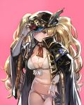  belly bikini blush bow_(bhp) breasts brown_eyes commentary_request frown granblue_fantasy hat hat_feather hat_over_one_eye large_breasts long_hair monica_weisswind pink_background shingeki_no_bahamut simple_background solo swimsuit twintails very_long_hair white_bikini 