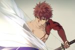  brown_hair cis05 emiya_shirou fate/grand_order fate_(series) grey_background holding holding_sword holding_weapon limited/zero_over long_sleeves male_focus red_ribbon red_sleeves ribbon sheath sheathed simple_background solo spiked_hair sword upper_body weapon 