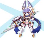  armored_boots artoria_pendragon_(all) blonde_hair blue_background blue_eyes blue_scarf blush boots breasts center_opening chibi clenched_hand closed_mouth commentary_request fate/grand_order fate_(series) full_body gloves grey_leotard hand_up helmet high_ponytail highres holding holding_weapon knee_boots leotard long_hair mecha_musume mysterious_heroine_xx_(foreigner) naga_u navel ponytail scarf shadow sidelocks skin_tight small_breasts smile solo standing twinmyniad two-tone_background weapon white_background white_footwear white_gloves 