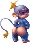  2018 alpha_channel anthro big_butt bitfly blue_fur butt digital_media_(artwork) eyewear fur glasses hands_on_hips looking_at_viewer looking_back male mammal mario_bros monkey nintendo nude primate rear_view simple_background smile solo standing super_mario_galaxy the_chimp transparent_background video_games yellow_fur 