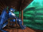  2018 4_fingers 5_fingers anthro chair day detailed_background dragon green_eyes hat horn jackrow membranous_wings outside raining rocking_chair scalie western_dragon wings 