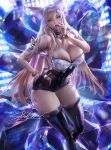  &lt;3 ahri_(lol) animal_humanoid big_breasts blonde_hair breasts cleavage clothed clothing collar fox_humanoid hair humanoid league_of_legends legwear long_hair looking_at_viewer mammal riot_games sakimichan solo text thigh_highs video_games watermark 