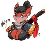  anthro armor biped black_eyebrows black_hair blue_eyes breasts bust_portrait canine cleavage clothed clothing duckdraw eyebrows eyelashes female fox fur hair hair_bun inner_ear_fluff katana looking_at_viewer mammal melee_weapon multicolored_fur ninja ninjara_(tmnt) orange_ears orange_fur portrait simple_background solo sword teenage_mutant_ninja_turtles two_tone_fur weapon white_background 