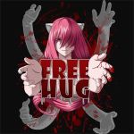  1girl blood breasts cleavage diclonius elfen_lied horns long_hair looking_at_viewer lucy monster_girl nude pink_hair red_eyes smile text 