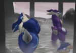  2018 ambiguous_gender amphibian anthro backsack balls blue_skin butt dacad detailed_background frog greninja group looking_back male markings nintendo nude pok&eacute;mon pok&eacute;mon_(species) red_eyes smile standing tongue video_games water wet yellow_eyes 