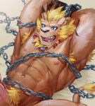  armpit_hair bdsm blonde_hair blue_eyes bondage bound chained digimon ear_piercing erection fur hair leomon male mamaduo muscular nipples penis piercing solo 