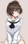  :o absurdres bangs black_neckwear black_ribbon blouse breasts brown_eyes brown_hair bullseye1203 collarbone commentary eyebrows_visible_through_hair girls_und_panzer grey_background hair_ribbon hands_on_lap head_tilt highres koyama_yuzu large_breasts long_sleeves looking_at_viewer neckerchief no_pants ooarai_school_uniform open_mouth panties pink_panties ribbon school_uniform serafuku shirt_tug short_hair short_ponytail solo thighs twitter_username underwear upper_body v_arms white_blouse white_panties 