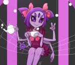  1girl bow extra_arms extra_eyes fangs insect_girl muffet purple_skin ribbon spider_girl tea teapot undertale wink 