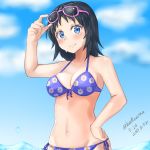  adjusting_eyewear bad_id bad_twitter_id bangs bikini blue_eyes blue_hair blue_sky blush boxreeema breasts character_name closed_mouth cloud cloudy_sky commentary dated day floral_print freckles front-tie_bikini front-tie_top girls_und_panzer hand_on_hip head_tilt highres long_hair medium_breasts navel ocean outdoors print_bikini purple-framed_eyewear purple_bikini side-tie_bikini sky smile solo sunglasses swimsuit twitter_username wading wet yamagou_ayumi 
