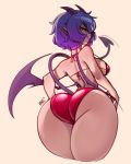  2018 bikini breasts butt clothed clothing demon female hair horn kanel looking_at_viewer looking_back not_furry orange_eyes pointy_ears presenting presenting_hindquarters purple_hair solo spade_tail succubus swimsuit tongue tongue_out wings 