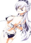  alternate_costume ass azur_lane back bangs bare_shoulders belfast_(azur_lane) bikini blush bow_bikini braid breasts butt_crack choker dutch_angle eyebrows_visible_through_hair french_braid frilled_bikini frilled_choker frills from_behind halter_top halterneck hands_together highres koutarou_(plusdrive) large_breasts long_hair looking_at_viewer looking_back maid_headdress open_mouth purple_bikini purple_eyes shoulder_blades sidelocks signature silver_hair simple_background smile solo swimsuit thighs white_background 