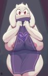  &lt;3 2018 anthro apron big_breasts breasts caprine clothing delta_rune eyelashes female fur goat horn huge_breasts long_ears looking_at_viewer mammal nervous nipple_slip nipples peculiart red_eyes simple_background solo standing thick_thighs toriel tuft undertale underwear video_games white_fur 