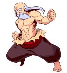  abs bald barefoot beard black_pants chest clenched_hands facial_hair hand_up highres long_hair male_focus monk_(sekaiju) muscle mustache naga_u navel old_man pants puffy_pants sekaiju_no_meikyuu sekaiju_no_meikyuu_3 shirtless silver_hair simple_background solo toenails white_background 