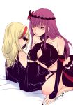  2girls breasts couple hair_ornament happy hasami_rein lady_j large_breasts multicolored_hair multiple_girls nail_polish purple_hair shades simple_background smile straddling sunglasses underboobs valkyrie_drive valkyrie_drive_-mermaid- yuri 