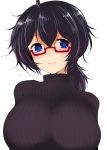  black_eyes black_hair black_sweater blush breasts casual closed_mouth commentary_request eyebrows_visible_through_hair flying_sweatdrops girls_und_panzer glasses han_(jackpot) large_breasts looking_at_viewer messy_hair oryou_(girls_und_panzer) red-framed_eyewear ribbed_sweater semi-rimless_eyewear short_hair short_ponytail simple_background smile solo sweater turtleneck under-rim_eyewear upper_body white_background 