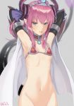  armor bikini_armor black_sleeves blue_eyes bottomless breasts choker collarbone detached_sleeves dragon_tail elizabeth_bathory_(brave)_(fate) elizabeth_bathory_(fate)_(all) fate/grand_order fate_(series) grey_background groin hairband horns long_hair looking_at_viewer navel open_mouth out-of-frame_censoring pink_hair shiny shiny_hair simple_background small_breasts solo standing sweatdrop tail twitter_username underboob you06 
