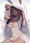  absurdres animal_ears bangs bed_sheet blanket blunt_bangs blush breasts dark_skin earrings eyebrows_visible_through_hair facepaint facial_mark fate/grand_order fate_(series) fuya_(tempupupu) hair_tubes hairband hands_up highres hips hoop_earrings jackal_ears jewelry long_hair looking_at_viewer medium_breasts medjed navel necklace nipples nitocris_(fate/grand_order) nitocris_(swimsuit_assassin)_(fate) nude open_mouth paid_reward parted_lips patreon_reward purple_eyes purple_hair see-through seiza sidelocks sitting solo thighs wristband 