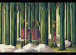  animal_ears commentary fine_art_parody forest green_hair kasodani_kyouko koto_inari multiple_girls nature optical_illusion parody rock skirt tail touhou tree 