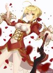  ahoge blonde_hair braided_bun breasts cleavage dress eyebrows_visible_through_hair fate/extra fate_(series) green_eyes hair_between_eyes hair_ribbon hand_on_hilt medium_breasts nero_claudius_(fate) nero_claudius_(fate)_(all) petals red_ribbon ribbon see-through shiny shiny_hair shrug sideboob sidelocks smile solo sword weapon white_background you06 