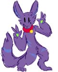  4_fingers action_pose ambiguous_gender canine collar digitigrade fluffy fur gallil gallil_(character) green_paws lagomorph male mammal monster pose purple_fur solo standing stripes translucent vertical_bar_eyes 