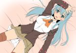  aqua_eyes aqua_hair ascot bed_sheet blanket blazer blush breasts brown_legwear brown_skirt collared_shirt commentary_request eyebrows_visible_through_hair from_above hair_between_eyes hair_ornament hairclip jacket kantai_collection large_breasts long_hair looking_at_viewer looking_up lying on_bed open_clothes open_jacket orange_neckwear panties pink_panties pleated_skirt school_uniform shirt skirt smile solo spread_legs suzuya_(kantai_collection) takeyuu thighhighs underwear white_shirt 