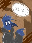  avian beak bird blue_feathers blue_jay brown_background clothing corvid crow crowjay digital_media_(artwork) english_text feathers female flat_colors gallil half-closed_eyes hybrid jacket looking_offscreen pointing sevine simple_background solo speech_bubble text vertical_bar_eyes white_eyes 