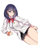 arm_support black_hair blue_eyes breasts cardigan commentary_request hevn highres long_hair looking_at_viewer simple_background skirt solo ssss.gridman takarada_rikka thick_thighs thighs white_background 