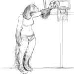  2016 anthro basketball basketball_hoop black_and_white bra clothing draft_horse equine feathering female fetlocks fur hair hairy hladilnik horse mammal monochrome shorts simple_background sketch solo sports_bra standing tall tinker_(hladilnik) underwear 