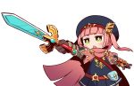  :o bag bangs beret blue_hat blue_jacket blue_skirt blunt_bangs blush brown_gloves gloves green_eyes hat hero_(sekaiju) highres holding holding_sword holding_weapon jacket long_hair naga_u open_mouth outstretched_arm pink_cape pink_hair pleated_skirt satchel sekaiju_no_meikyuu sekaiju_no_meikyuu_x short_eyebrows simple_background skirt solo sword thick_eyebrows twintails weapon white_background 