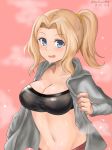  alternate_hairstyle black_bra blonde_hair blue_eyes boxreeema bra breasts character_name cleavage_cutout commentary dated eyebrows_visible_through_hair girls_und_panzer grey_shirt hair_intakes hair_tie hair_up highres kay_(girls_und_panzer) large_breasts long_hair long_sleeves looking_at_viewer navel open_clothes open_mouth open_shirt pink_background ponytail shirt smile solo standing sweat twitter_username underwear upper_body wavy_mouth 