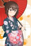  alternate_costume bangs boxreeema brown_eyes brown_hair closed_mouth commentary floral_print girls_und_panzer holding holding_umbrella japanese_clothes kimono light_blush light_frown long_sleeves looking_at_viewer nishizumi_maho obi orange_background oriental_umbrella print_kimono sash short_hair solo standing umbrella wide_sleeves 