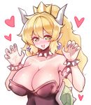  bangs bare_shoulders blonde_hair blue_earrings blush bowsette bracelet breasts cleavage collar collarbone crown ditienan_ddn dress earrings eyebrows_visible_through_hair fingernails green_eyes hands_up heart horns huge_breasts jewelry long_hair looking_at_viewer mario_(series) new_super_mario_bros._u_deluxe pointy_ears saliva sharp_fingernails simple_background solo spiked_armlet spiked_bracelet spiked_collar spiked_shell spikes strapless strapless_dress sweat turtle_shell upper_body white_background 