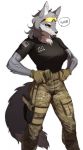  2018 anthro breasts camo canine chest_tuft clothing eyewear female fluffy fluffy_tail fur glasses gun hair hi_res mammal pgm300 ranged_weapon solo tuft weapon wolf yellow_eyes 