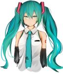  black_sleeves blue_hair blue_neckwear cropped_arms cropped_torso detached_sleeves floating_hair green_eyes hair_between_eyes hatsune_miku highres ikashun long_hair long_sleeves microphone necktie shirt simple_background sketch sleeveless sleeveless_shirt solo twintails upper_body very_long_hair vocaloid white_background white_shirt 