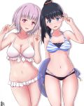  ass_visible_through_thighs bangs bikini black_bikini black_hair blue_eyes breasts cleavage collarbone double_v eyebrows_visible_through_hair frilled_bikini frills front-tie_bikini front-tie_top groin hair_ornament hair_scrunchie heckler_kai highres innertube large_breasts lavender_hair layered_bikini looking_at_viewer medium_breasts navel open_mouth orange_scrunchie pink_eyes ponytail scrunchie shinjou_akane smile ssss.gridman sweat swimsuit takarada_rikka tiger_print v white_background white_bikini 