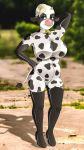  2018 absurd_res anthro armwear belly big_breasts biped black_eyebrows bodysuit bovine breasts buffbumblebee_(artist) cattle clothed clothing digital_drawing_(artwork) digital_media_(artwork) eyebrows eyelashes female footwear front_view frown full-length_portrait fur gloves hair hi_res high_heels holstein_friesian_cattle horn huge_breasts humanoid_hands legwear mammal overweight portrait rubber shoes skinsuit solo standing thick_thighs tight_clothing 