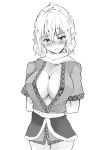  arms_behind_back blush breasts commentary cowboy_shot deetamu eyebrows_visible_through_hair greyscale highres large_breasts looking_at_viewer mizuhashi_parsee monochrome no_bra no_pants open_clothes parted_lips pointy_ears scarf simple_background solo teeth touhou white_background 