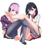  ass barefoot black_hair black_legwear breasts button_gap cardigan commentary feet gatari headphones highres legs legs_up long_hair looking_at_viewer md5_mismatch medium_breasts no_shoes panties pantyhose parted_lips pink_hair red_eyes revision shinjou_akane simple_background smile soles ssss.gridman takarada_rikka thighhighs thighs trefoil underwear white_background white_panties 