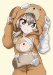  animal_costume bandages bangs bear_costume bear_hood boko_(girls_und_panzer) brown_eyes cast closed_mouth commentary eyebrows_visible_through_hair girls_und_panzer head_tilt holding holding_ears kanau light_brown_hair long_hair long_sleeves looking_at_viewer pajamas shimada_arisu simple_background smile solo stuffed_animal stuffed_toy teddy_bear upper_body w_arms yellow_background 