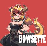  bare_shoulders black_bow black_collar black_dress blonde_hair blue_earrings blush bow bowsette bracelet character_name collar collarbone cowboy_shot crown dress eyebrows_visible_through_hair hands_on_hips highres horns huge_filesize jewelry long_hair mario_(series) new_super_mario_bros._u_deluxe outline pointy_ears red_background red_eyes sharp_teeth simple_background smile solo spiked_armlet spiked_bracelet spiked_collar spiked_shell spiked_tail spikes strapless strapless_dress super_crown suzuhara_kenji tail teeth turtle_shell white_outline 