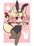  :o animal_ear_fluff animal_ears bangs bare_shoulders bell bell_collar black_hairband black_leotard blonde_hair blush brown_collar brown_legwear bunny_ears bunnysuit chibi collar commentary_request eyebrows_visible_through_hair fake_animal_ears fox_ears fox_girl fox_tail full_body gloves hair_between_eyes hair_ornament hairband hands_up highres jingle_bell kemomimi-chan_(naga_u) leotard naga_u no_shoes original pantyhose parted_lips paw_gloves paws pink_background red_eyes sidelocks solo standing standing_on_one_leg strapless strapless_leotard tail two-tone_background white_background 