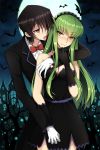  1girl arm_around_neck bat black_dress black_gloves black_hair black_hairband black_jacket blush bow bowtie breast_grab breasts c.c. cleavage code_geass cowboy_shot dress dress_shirt elbow_gloves fangs_out formal full_moon gloves grabbing green_hair hair_over_one_eye hairband halloween halloween_costume head_tilt highres holding_hands jacket lelouch_lamperouge long_hair lucky_keai medium_breasts moon night open_mouth outdoors purple_hair red_bow shiny shiny_hair shirt short_dress sleeveless sleeveless_dress slit_pupils standing strapless strapless_dress striped tongue tongue_out vampire vertical-striped_dress vertical_stripes very_long_hair white_gloves white_shirt yellow_eyes 