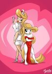 animaniacs anthro blonde_hair blue_eyes clothed clothing dress duo female hair hat headgear headwear hello_nurse hi_res human mammal minerva_mink mink mustelid musteline mysticalpha nurse_clothing nurse_hat nurse_headwear red_clothing red_dress syringe true_musteline warner_brothers white_body white_clothing