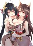  ahoge akagi_(azur_lane) animal_ears areolae ass asymmetrical_docking azur_lane bangs bare_arms bare_shoulders black_hair black_panties blunt_bangs blush bottle breast_press breasts brown_hair champagne_flute cleavage commentary_request cup drinking_glass fox_ears hair_between_eyes hair_ornament hair_ribbon half-closed_eyes hand_up heart heart_in_eye highres holding holding_cup ikura_nagisa large_breasts lingerie long_hair looking_at_viewer mask multiple_girls nipples obi open_mouth panties pouring red_eyes ribbon sake_bottle sash see-through simple_background smile standing symbol_in_eye taihou_(azur_lane) tongue tongue_out twintails underwear very_long_hair white_background 