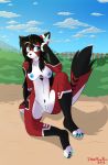  2018 android anthro ara beach black_fur black_hair blue_eyes breasts casual_nudity cat claws cloud confusion cybernetics digital_media_(artwork) digitigrade feline female fur glowing grass hair ikaribunbun machine mammal multicolored_fur nipples nude outside pawpads paws pubes pussy red_fur robot sand seaside sitting sky solo white_fur 